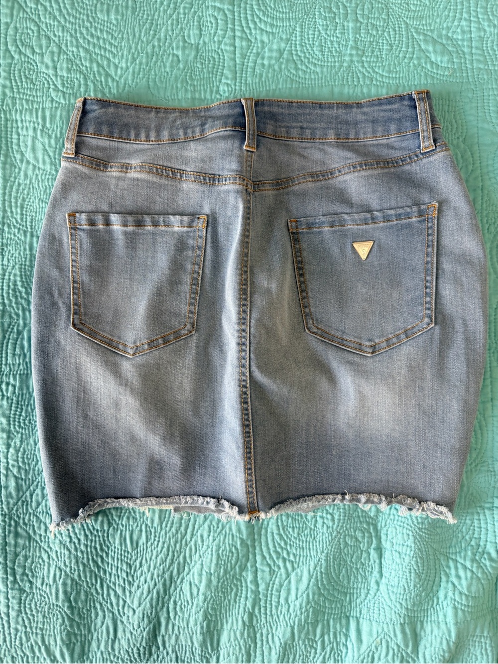 {GUESS} Light Blue Wash Distressed Denim Mini Skirt - Front High Waisted Buttons - Picture 11 of 14